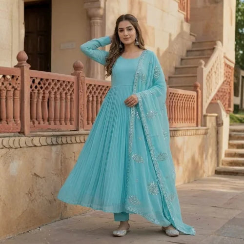 Heavy Faux Georgette Embroidered Gown Set