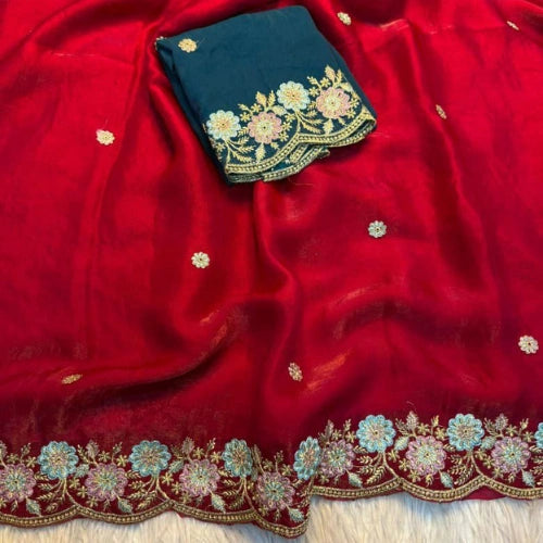 Soft Fendi Satin Silk Embroidered Saree