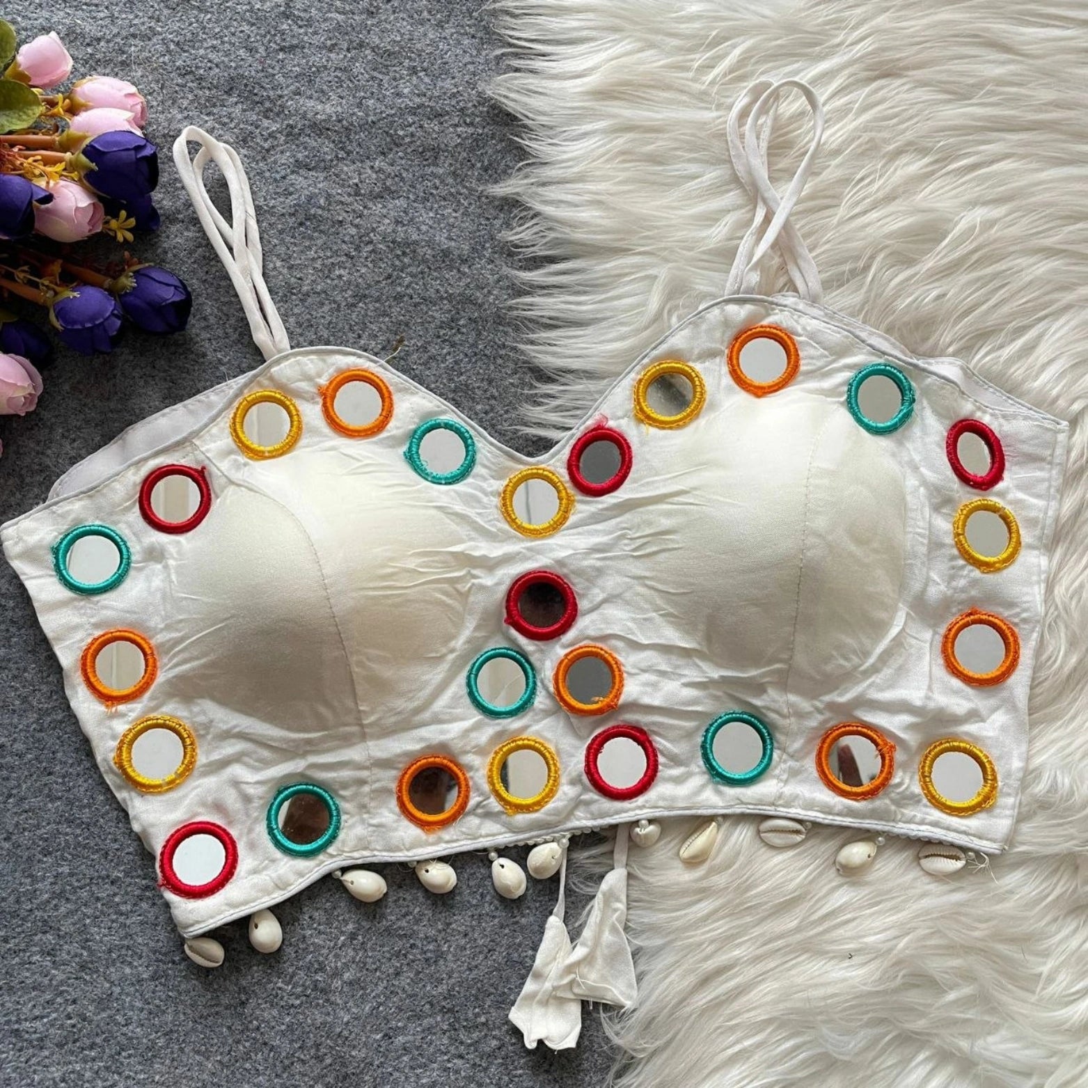 Spaghetti Strap Mirror Work Cotton Blouse