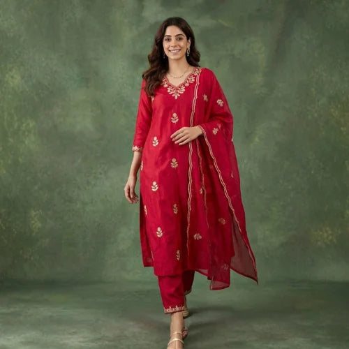 Embroidered Cotton Blend Kurta Set with Organza Dupatta