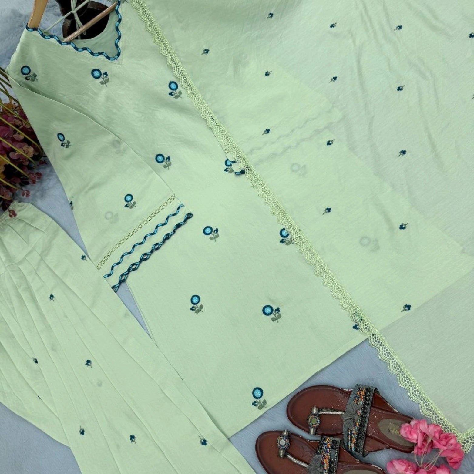 Mint Chanderi Farshi Suit Set
