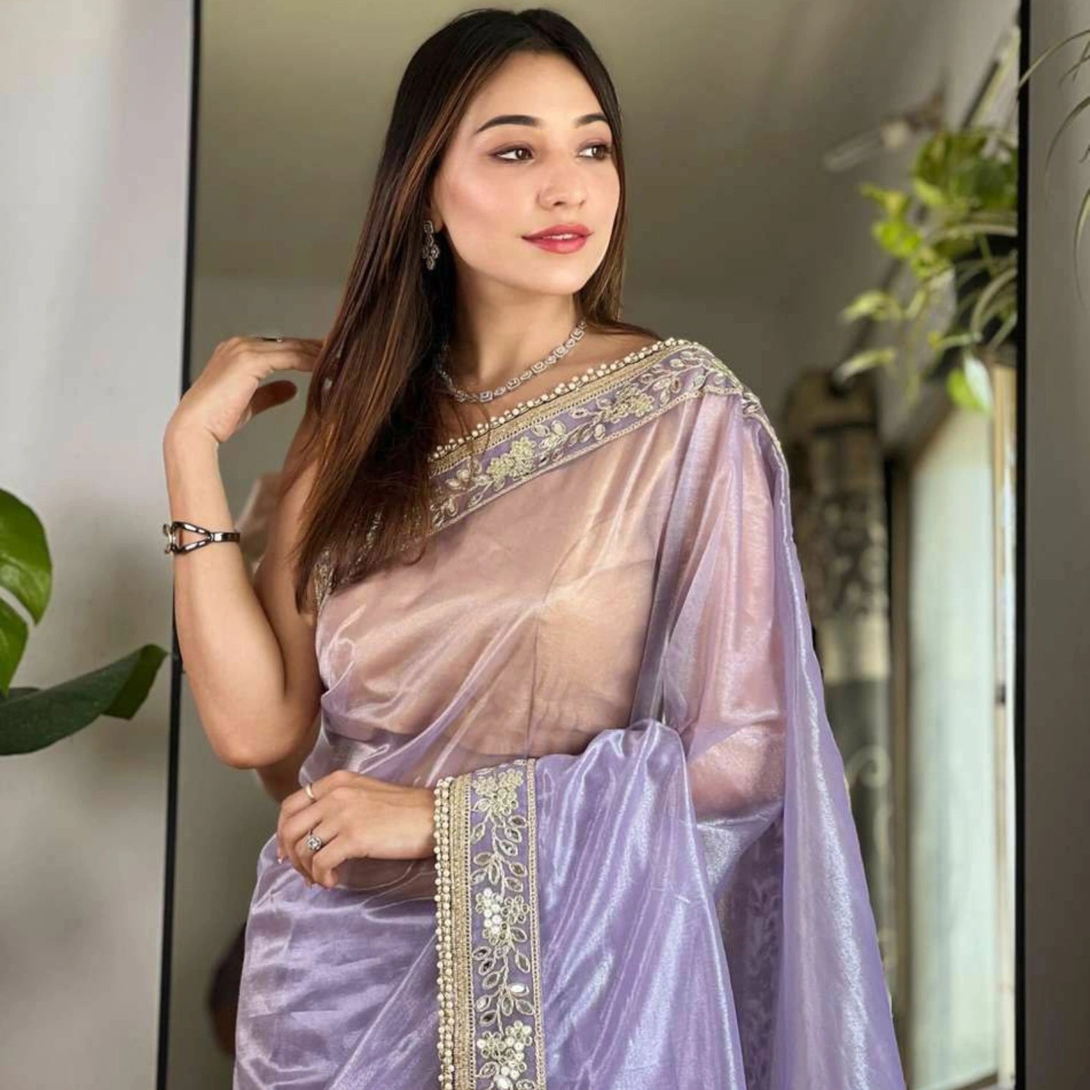 Twill Net Embroidered Mirror Work Saree