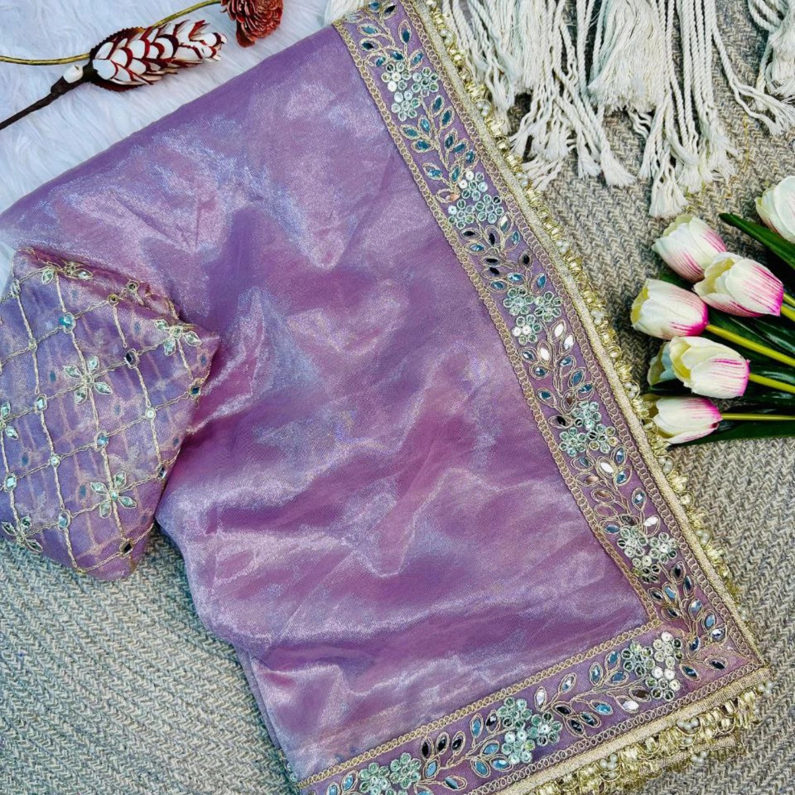 Twill Net Embroidered Mirror Work Saree