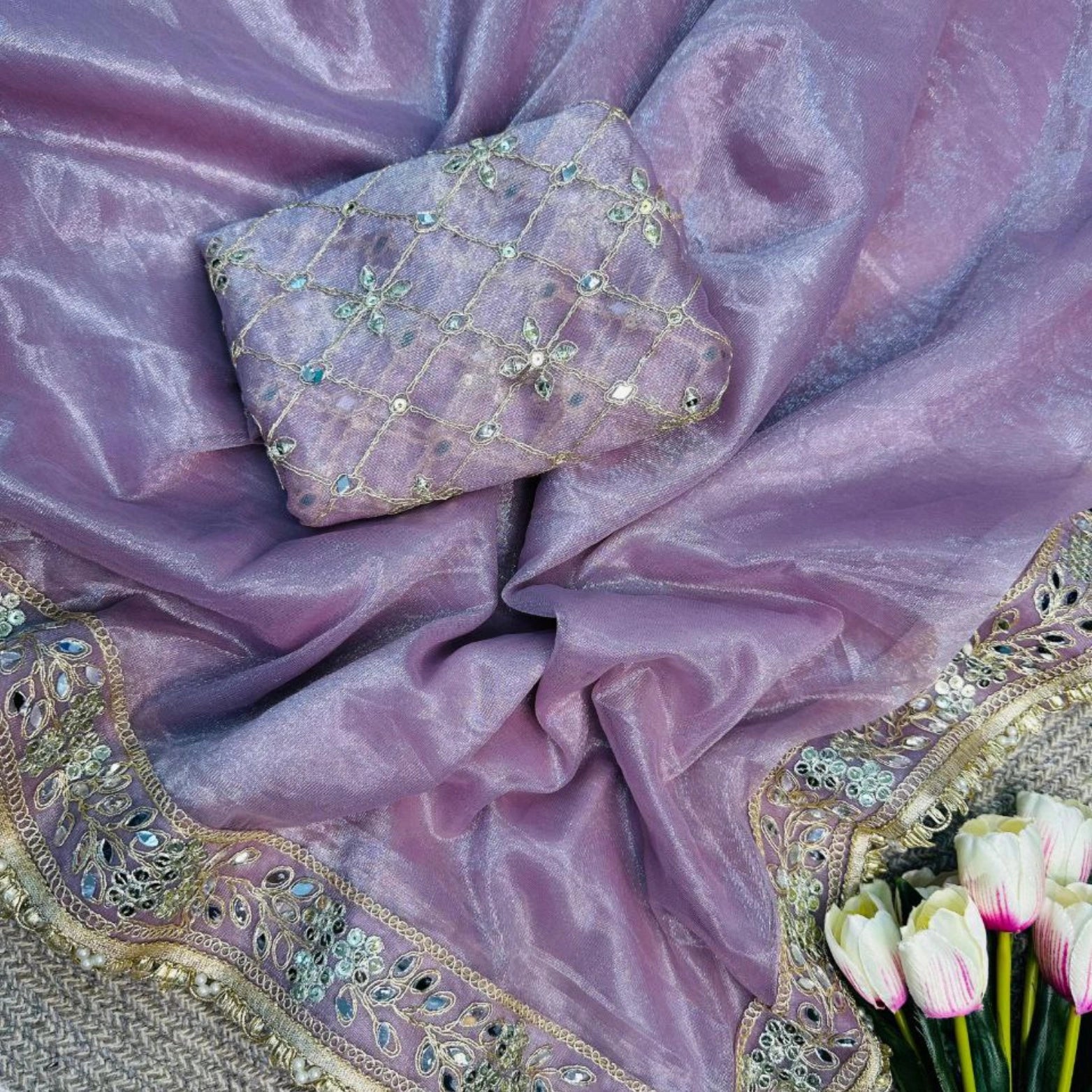 Twill Net Embroidered Mirror Work Saree