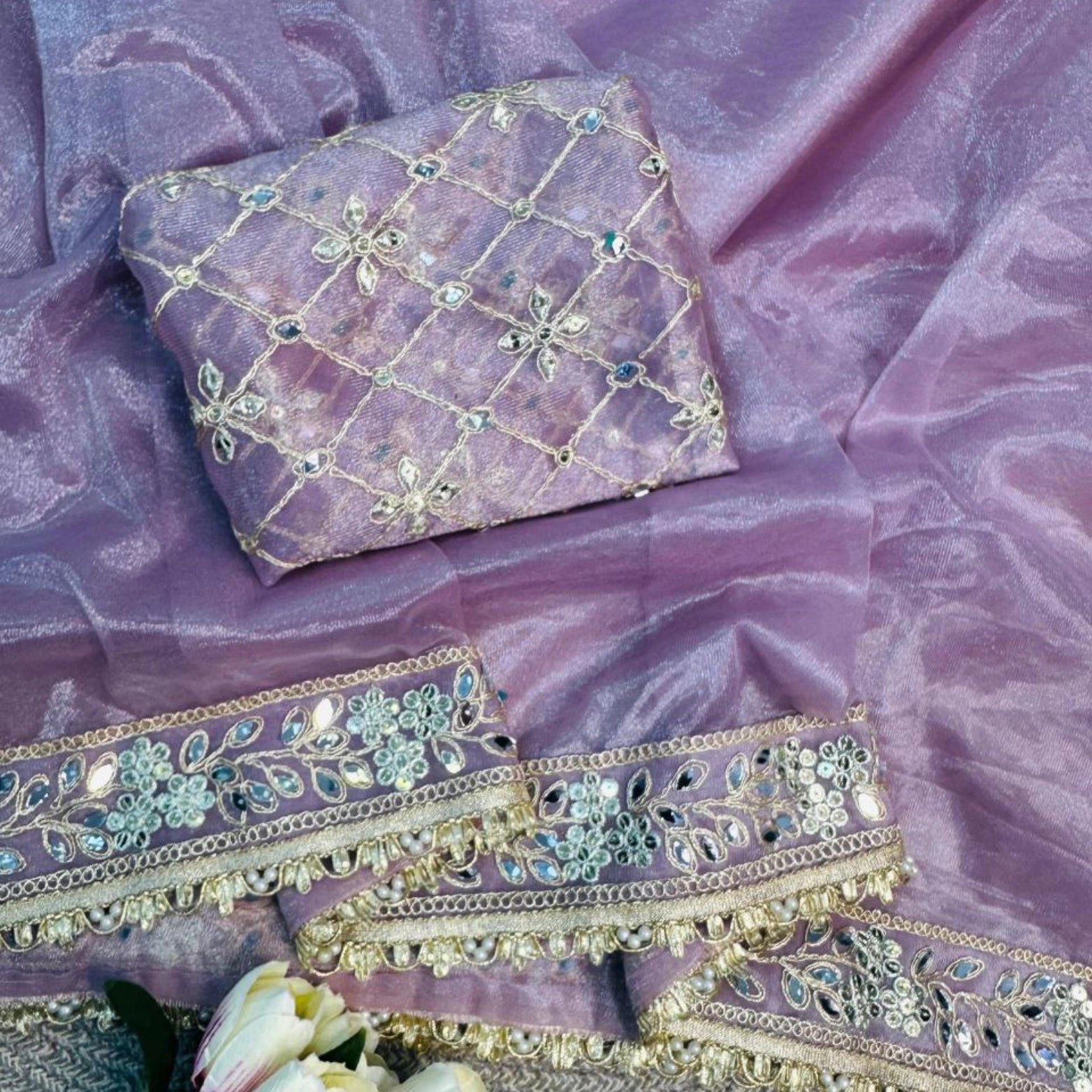 Twill Net Embroidered Mirror Work Saree