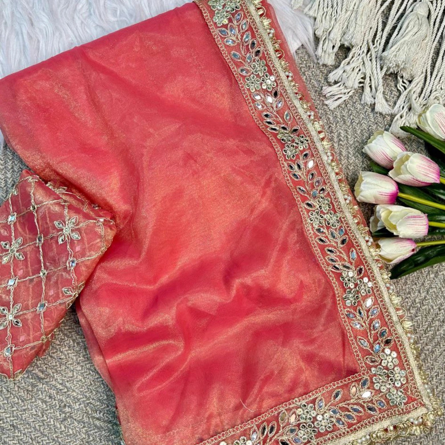 Twill Net Embroidered Mirror Work Saree