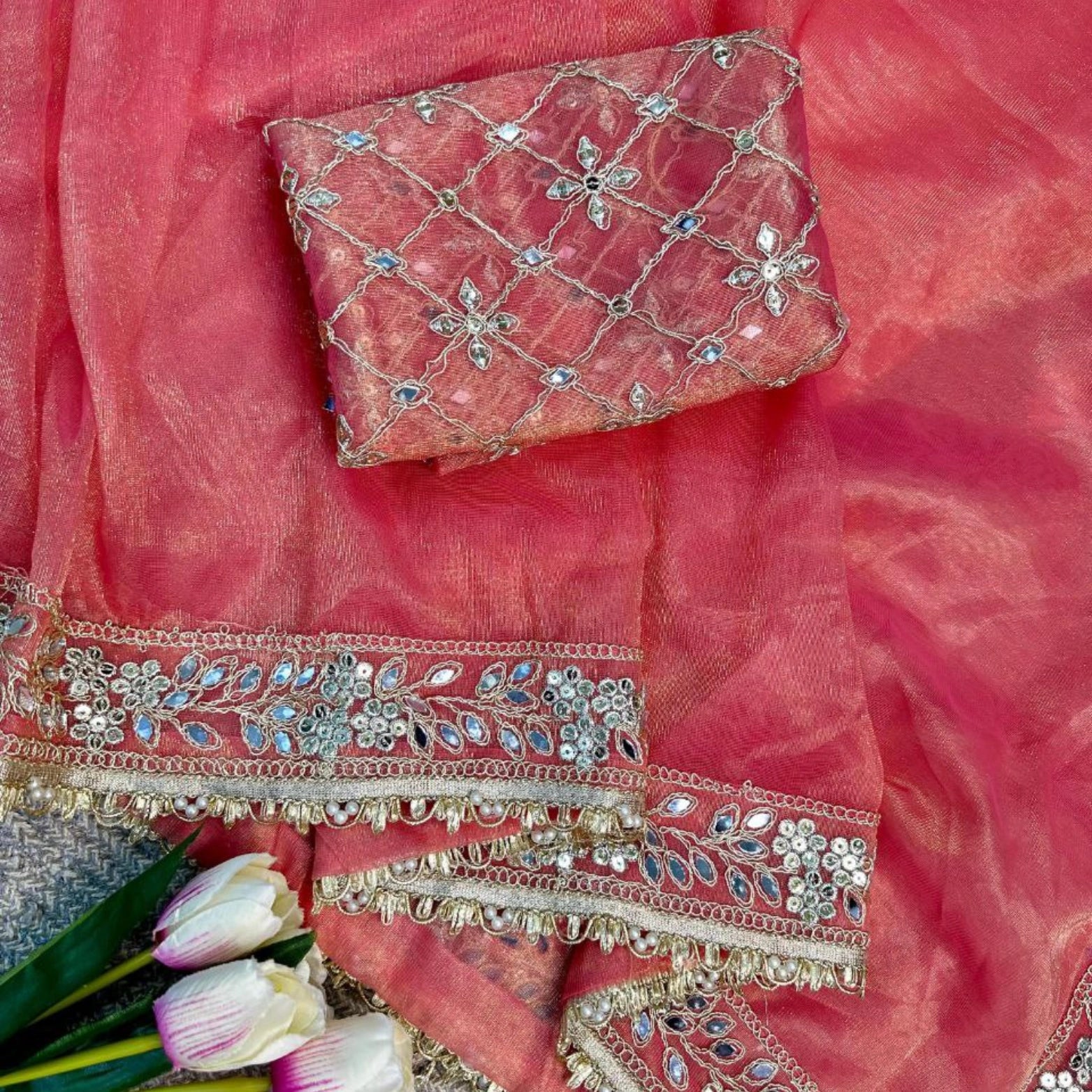 Twill Net Embroidered Mirror Work Saree