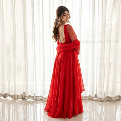 Embroidered Faux Georgette Gown Set
