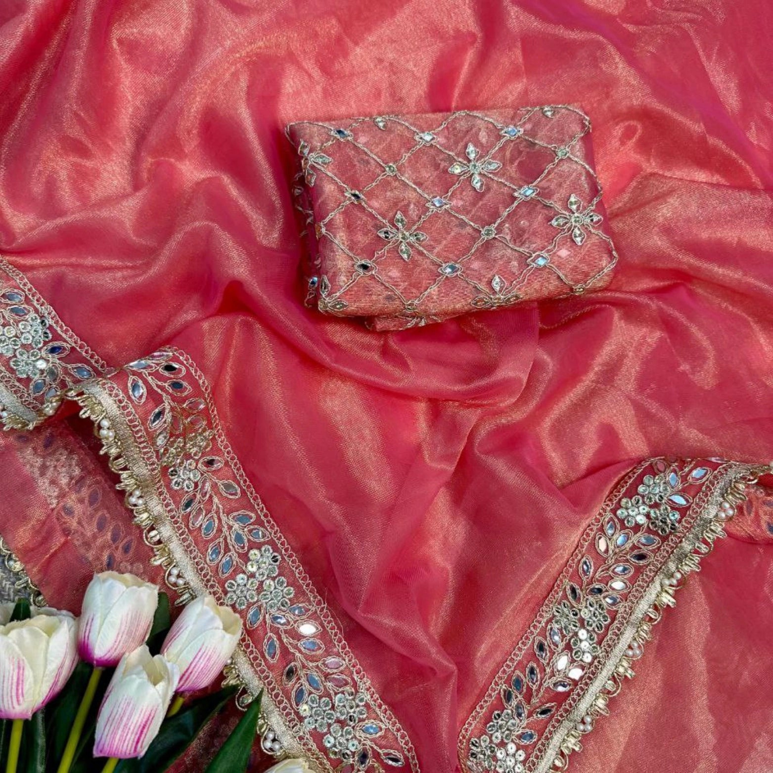 Twill Net Embroidered Mirror Work Saree
