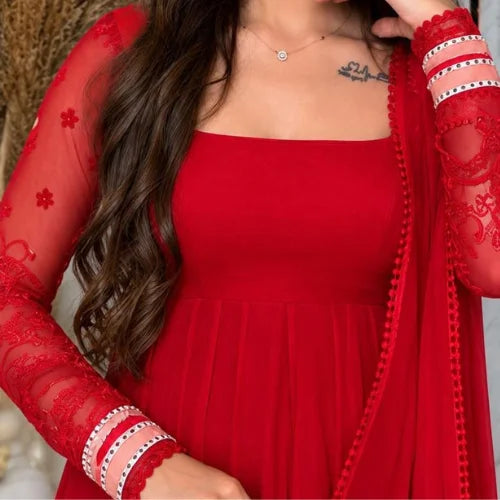 Embroidered Faux Georgette Gown Set