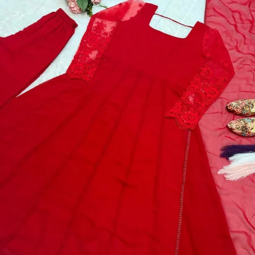 Embroidered Faux Georgette Gown Set