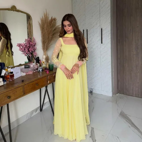 Embroidered Faux Georgette Gown Set