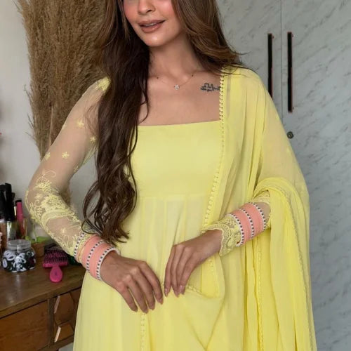 Embroidered Faux Georgette Gown Set