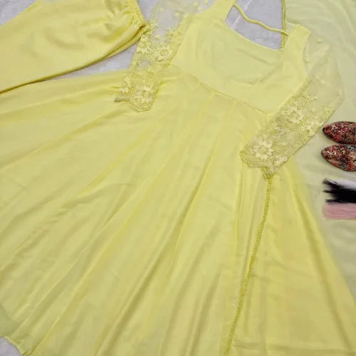 Embroidered Faux Georgette Gown Set