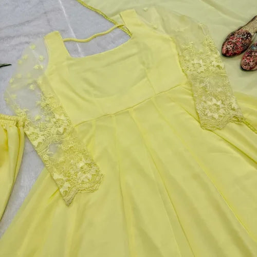Embroidered Faux Georgette Gown Set