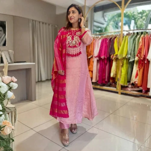 Soft Mul Chanderi Handwork 4-Piece Suit Set