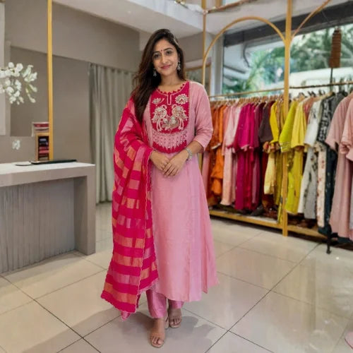 Soft Mul Chanderi Handwork 4-Piece Suit Set