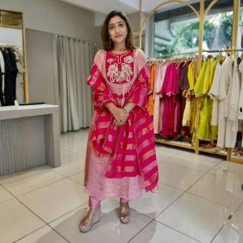 Soft Mul Chanderi Handwork 4-Piece Suit Set