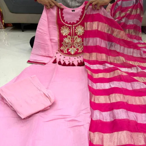 Soft Mul Chanderi Handwork 4-Piece Suit Set