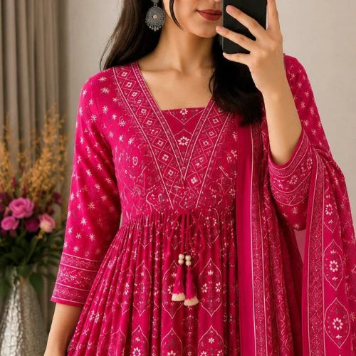 Premium Cotton Hand Buti Printed Anarkali Set