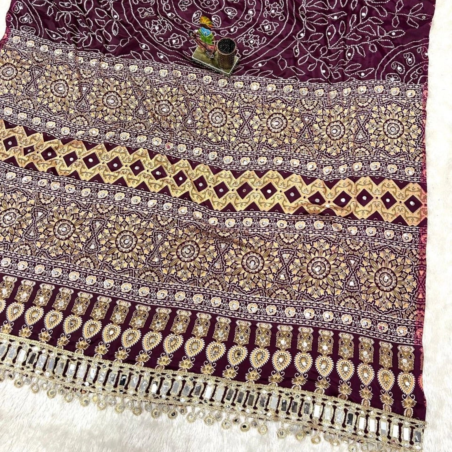 Madhubani Ajrakh Satin Viscose Silk Mirror Border Saree