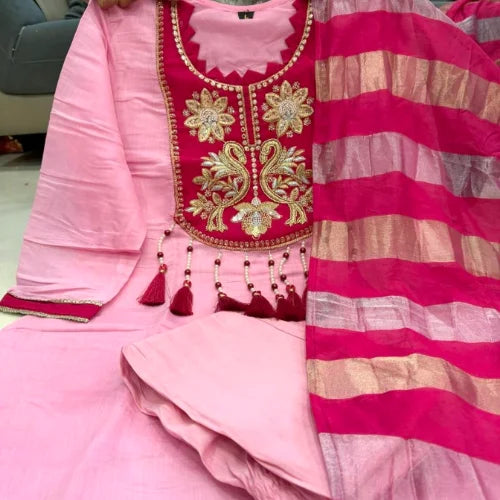 Soft Mul Chanderi Handwork 4-Piece Suit Set