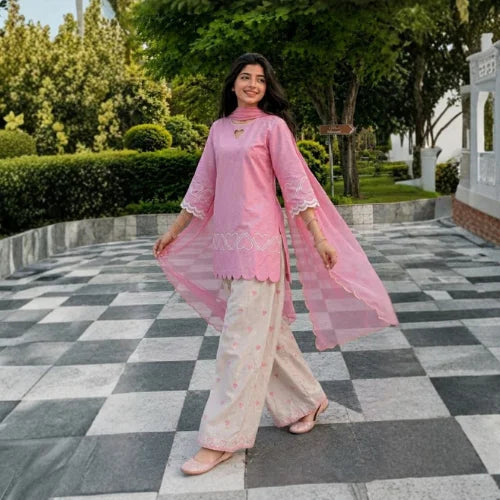 Multi-Color Embroidered Roman Silk Farshi Suit Set