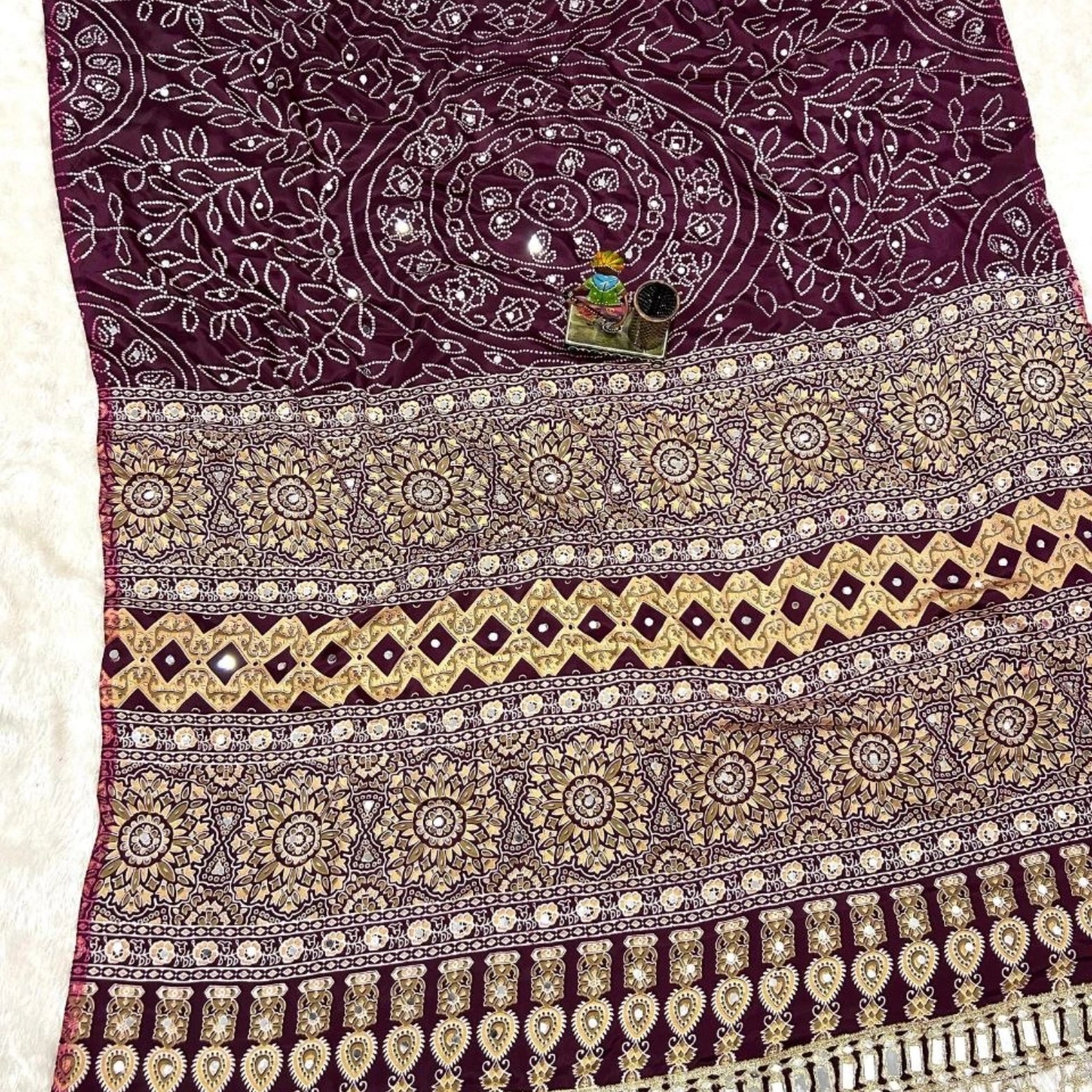 Madhubani Ajrakh Satin Viscose Silk Mirror Border Saree
