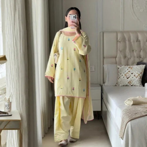 Roman Chanderi Cotton Embroidered Farshi Suit Set