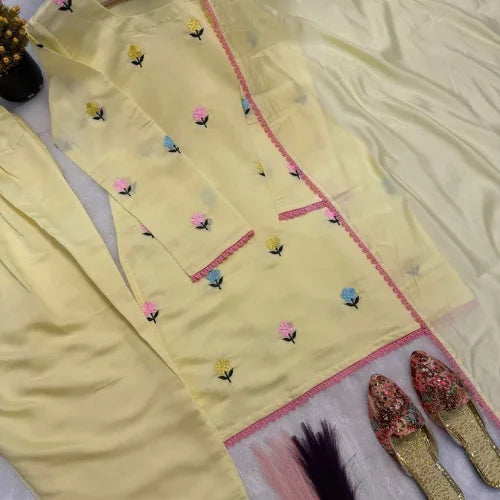 Roman Chanderi Cotton Embroidered Farshi Suit Set