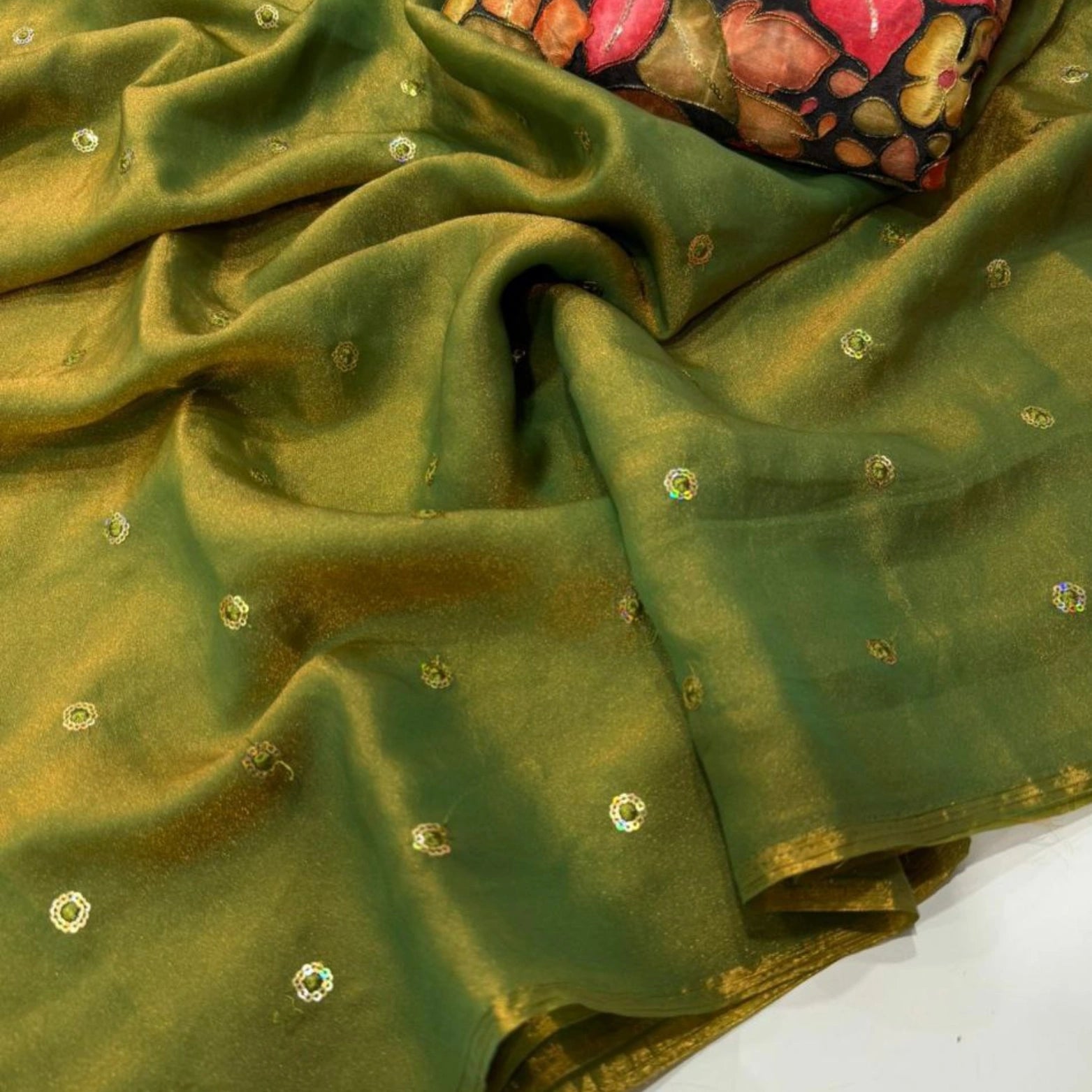Moss Space Satin Multi Sequined Embroidery Saree