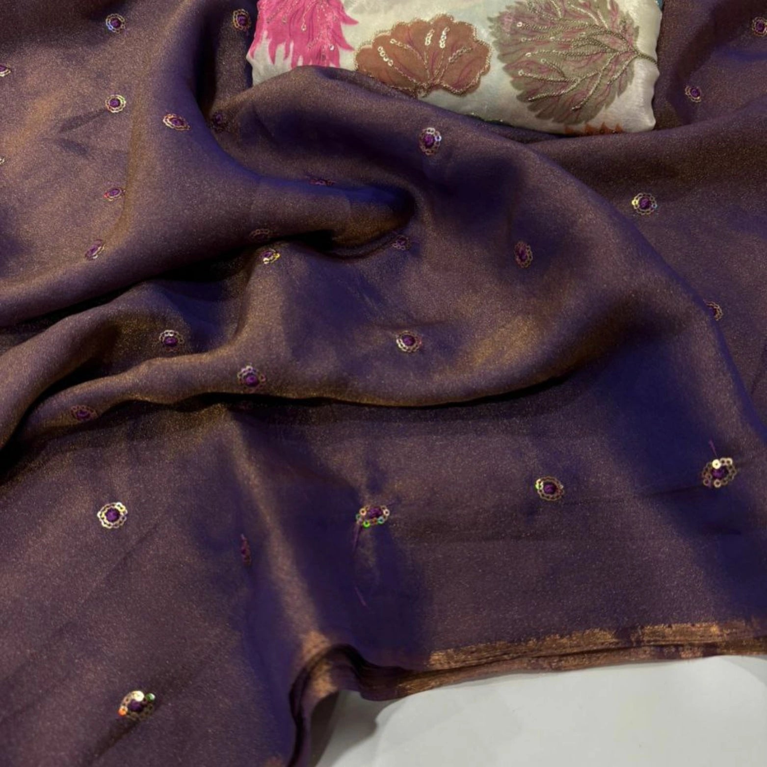 Moss Space Satin Multi Sequined Embroidery Saree