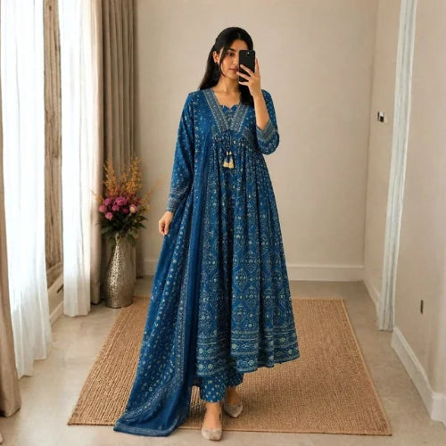 Premium Cotton Hand Buti Printed Anarkali Set