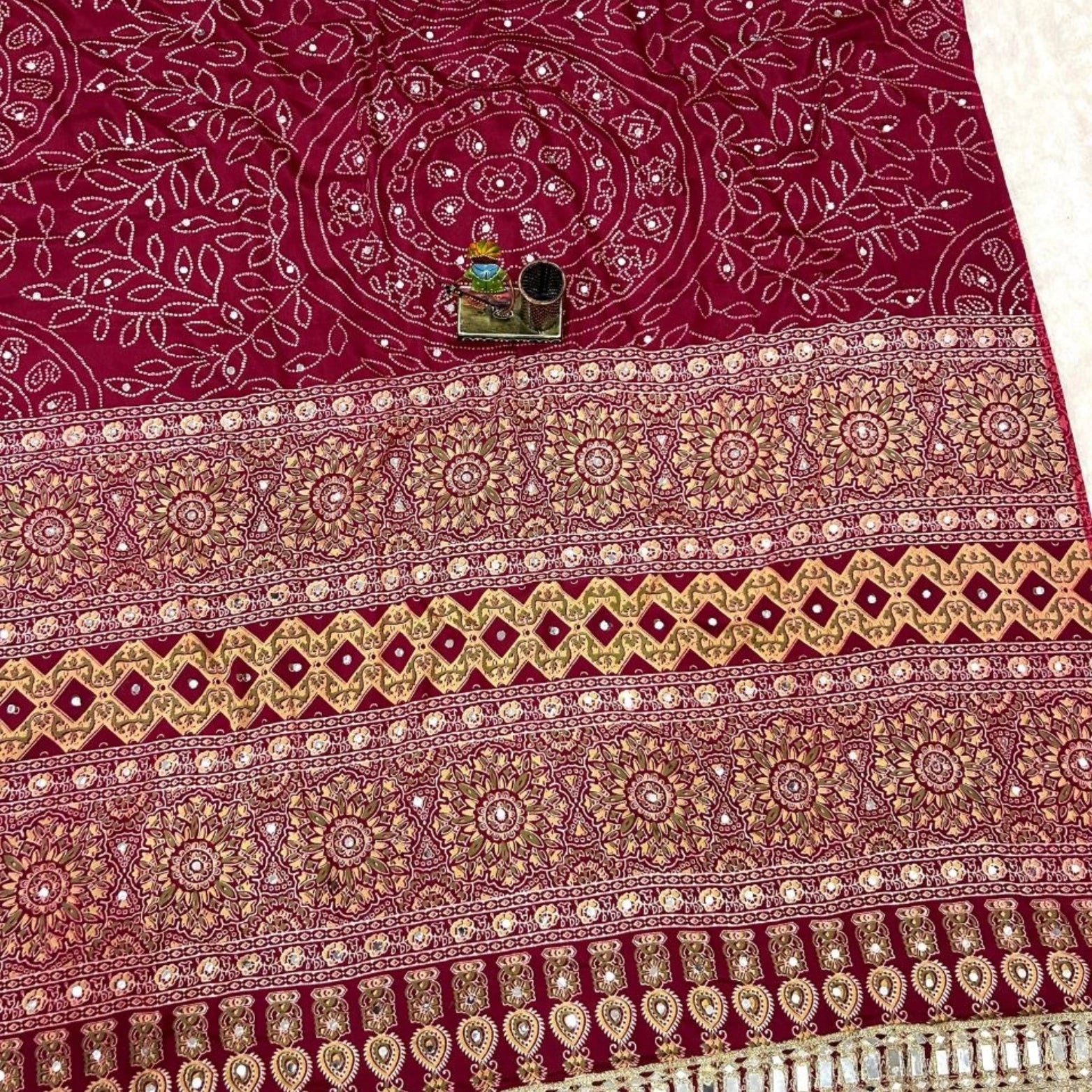 Madhubani Ajrakh Satin Viscose Silk Mirror Border Saree
