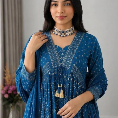Premium Cotton Hand Buti Printed Anarkali Set