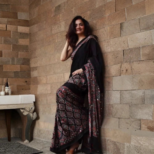 Ajrakh Mirror Work Crepe Silk Saree