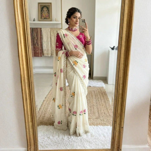 Rangoli Silk Floral Mirror Work Saree