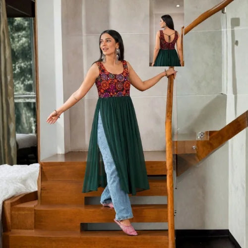 Heavy Georgette Festive Embroidered Layered Kurti
