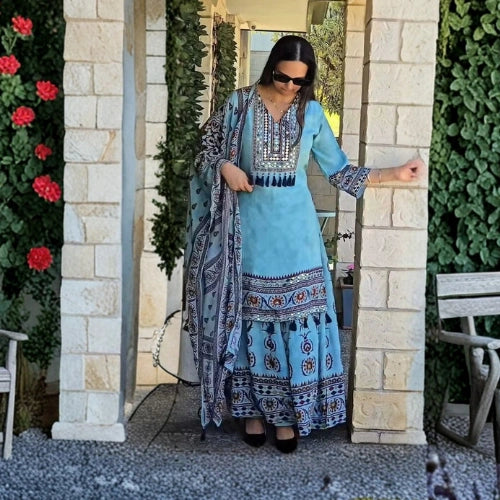 Digital Printed Muslin Kurta Palazzo Set with Dupatta