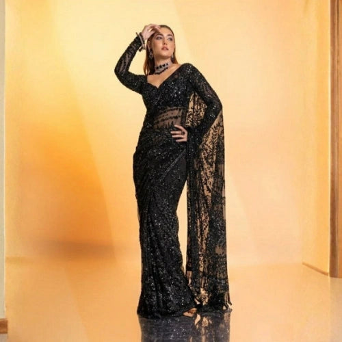 Afsana Black Butterfly Net Sequins Embroidered Saree