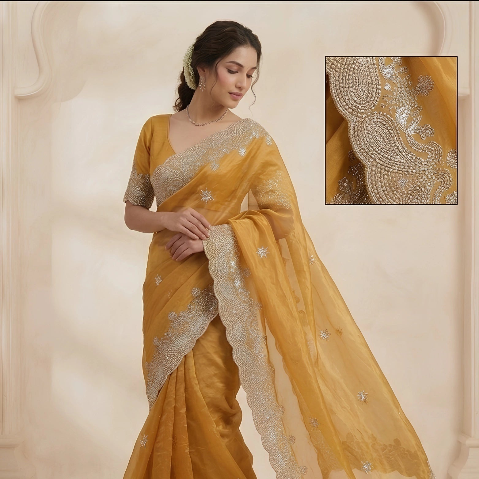 Sunheri Gold Crush Embroidered Designer Saree