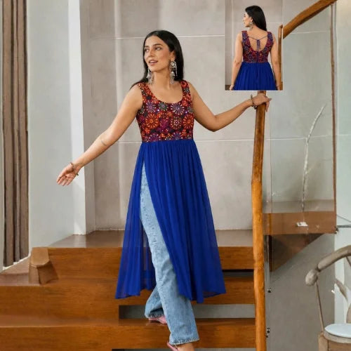 Heavy Georgette Festive Embroidered Layered Kurti
