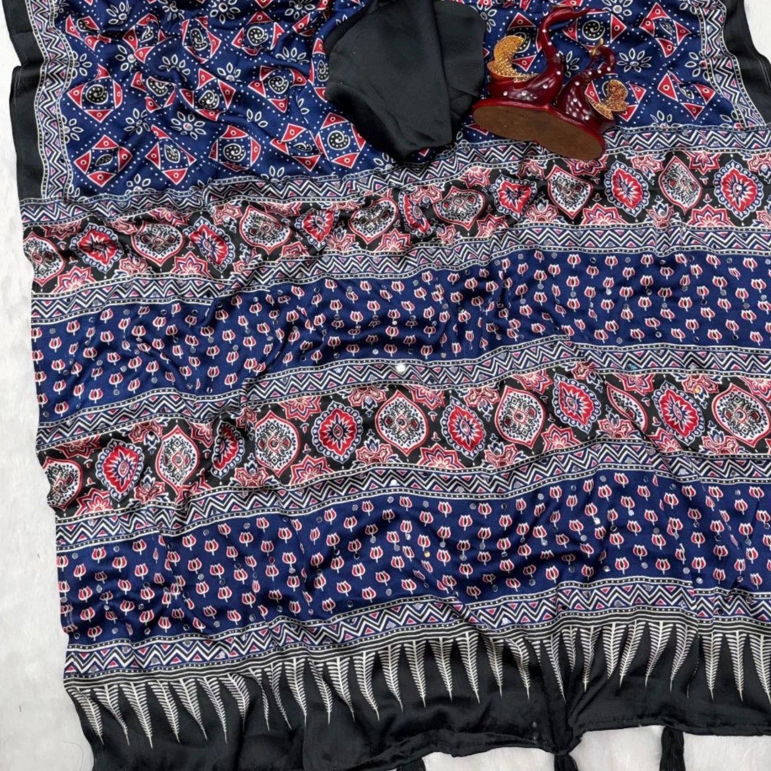 Soft Japan Satin Ajrakh Print Saree with Mirror Work