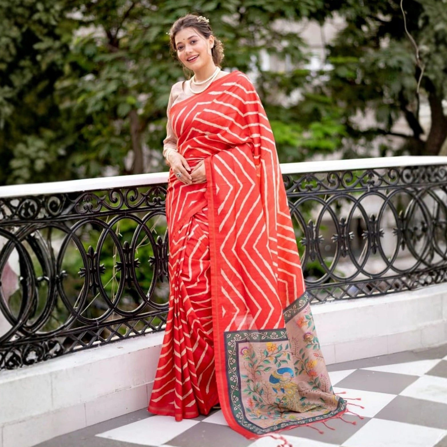 Tussar Silk Leheriya Saree with Kalamkari Peacock Pallu