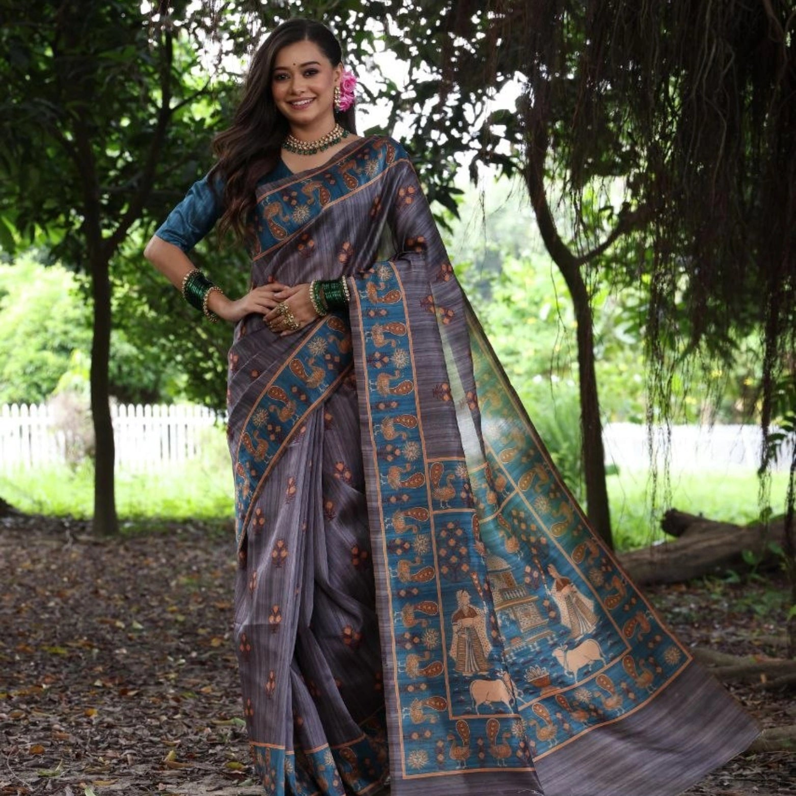 Lehera Peacock & Pichwai Print Tussar Silk Saree