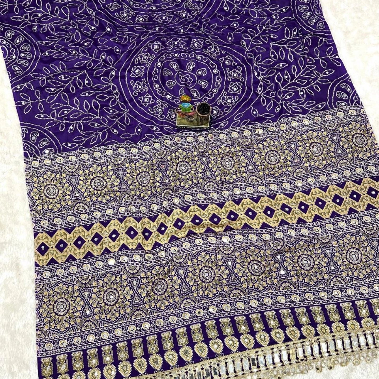 Madhubani Ajrakh Satin Viscose Silk Mirror Border Saree