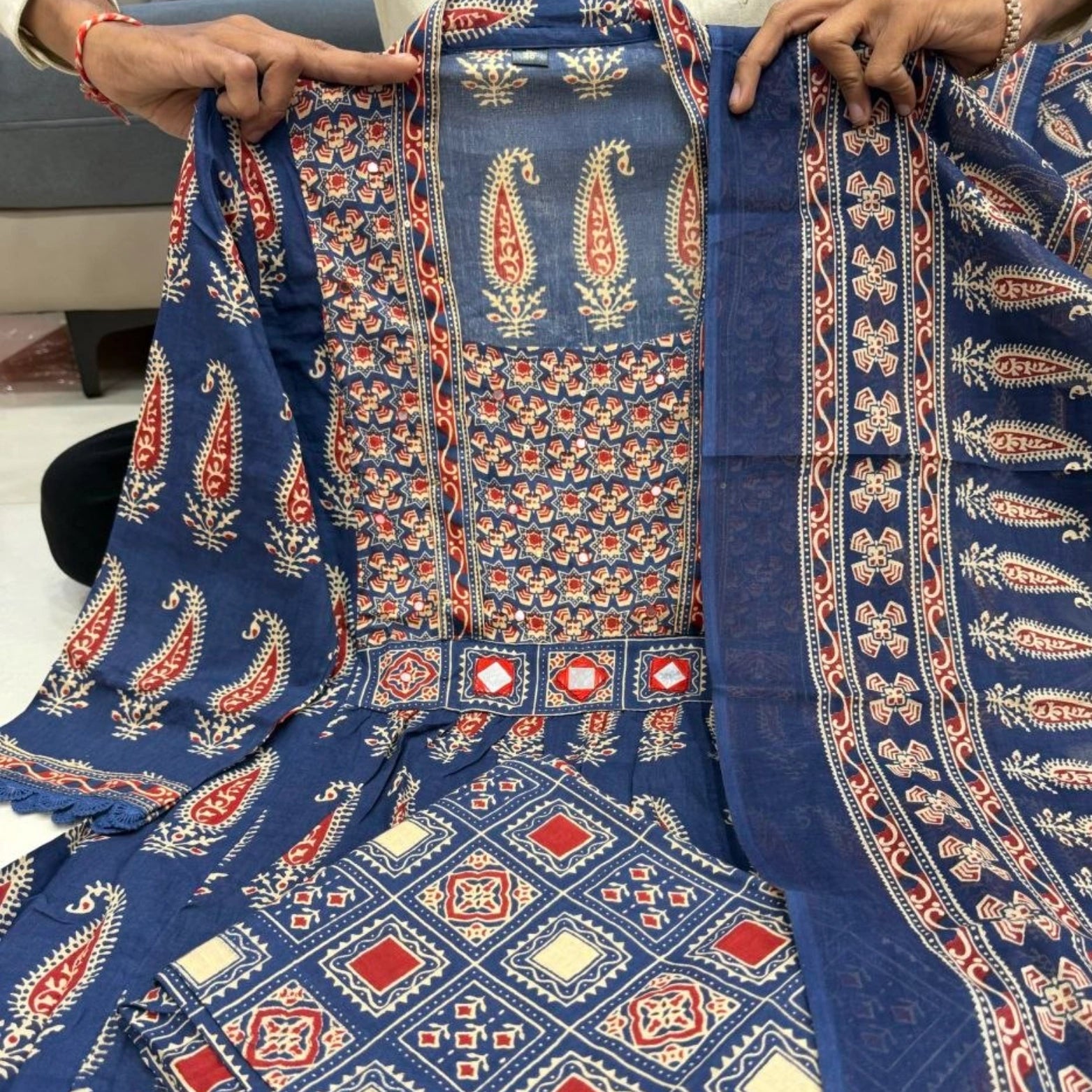 Bagru Mirror Work Cotton Kurta Set