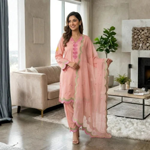 Pure Mul Chanderi Designer Embroidered Suit Set