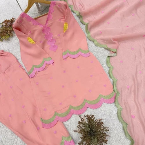 Pure Mul Chanderi Designer Embroidered Suit Set