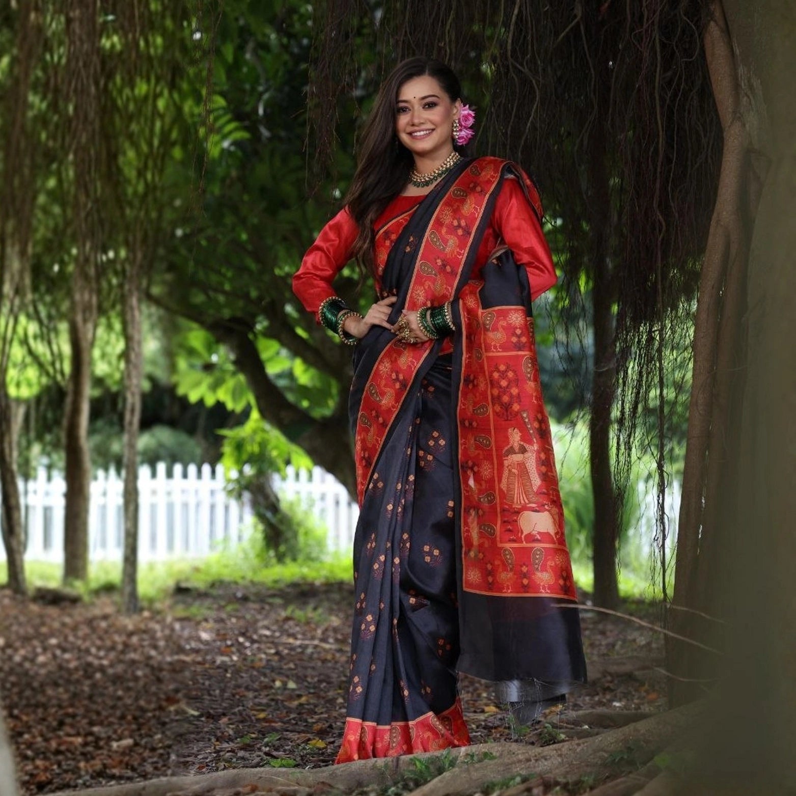 Lehera Peacock & Pichwai Print Tussar Silk Saree